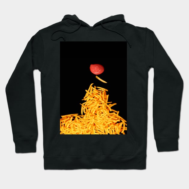 Fries and tomato sauce black background. Hoodie by victorhabbick